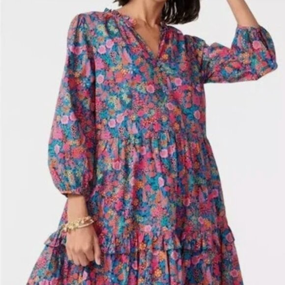 J. Crew Liberty Ciara Floral Print Tiered Popover Mini Dress Multi Womens Size L - Picture 1 of 9